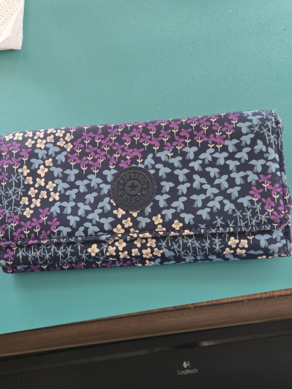 Kipling Navy Floral Trifold Wallet with Purple & Light Blue Accents